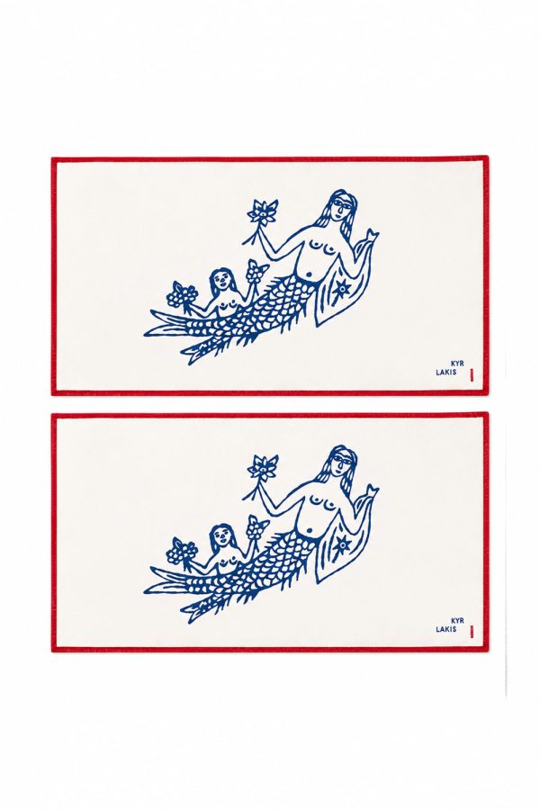 kyr Lakis Placemate Set of 2 Blue Mermaid Red Piping