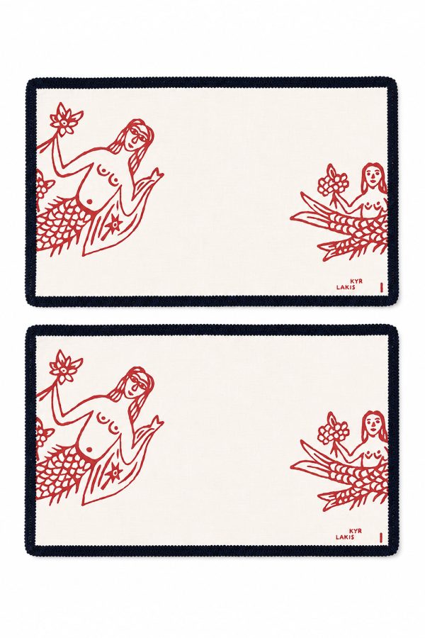kyr Lakis Placemate Set of 2 Red Mermaid Blue Piping