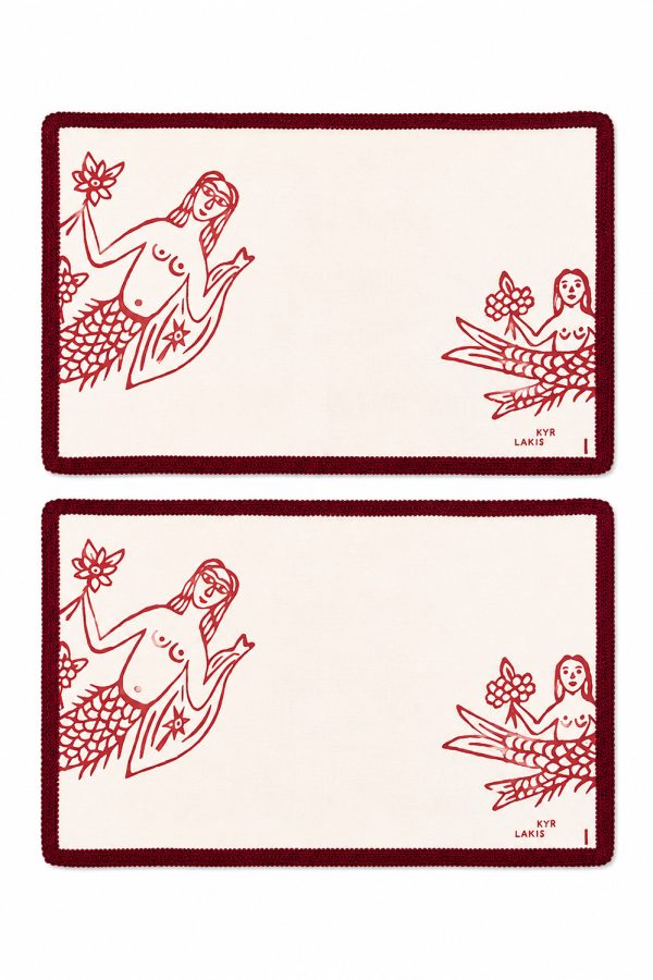 kyr Lakis Placemate Set of 2 Red Mermaid Red Piping