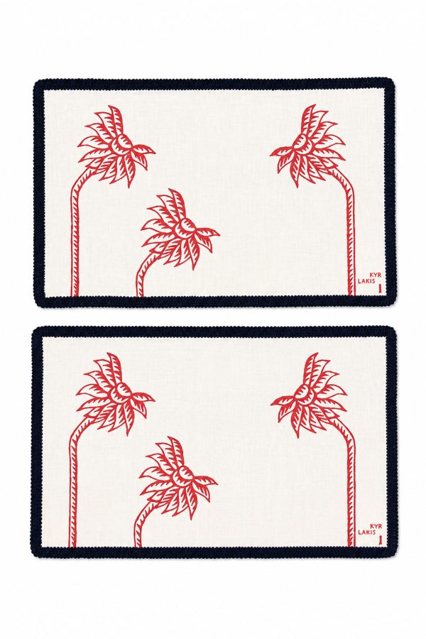 kyr Lakis Placemate Set of 2 Red Palm Tree Blue Piping