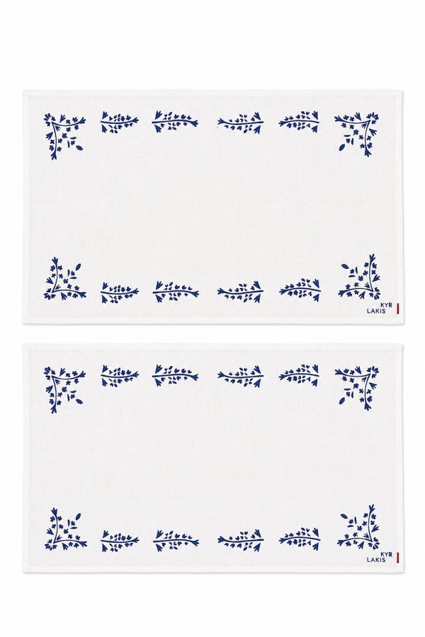 kyr Lakis Placemate White Linen with Parga Print in Blue