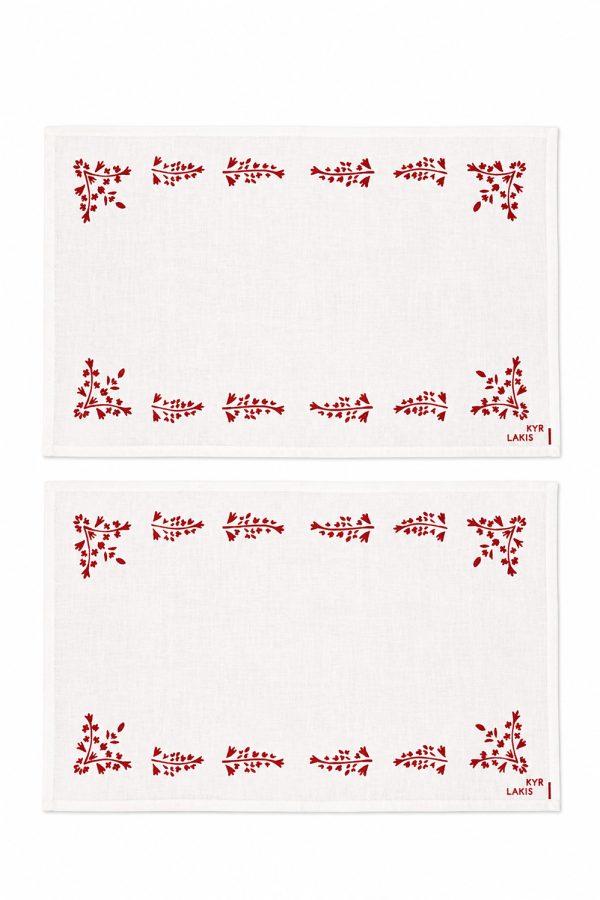 kyr Lakis Placemate White Linen with Parga Print in Red
