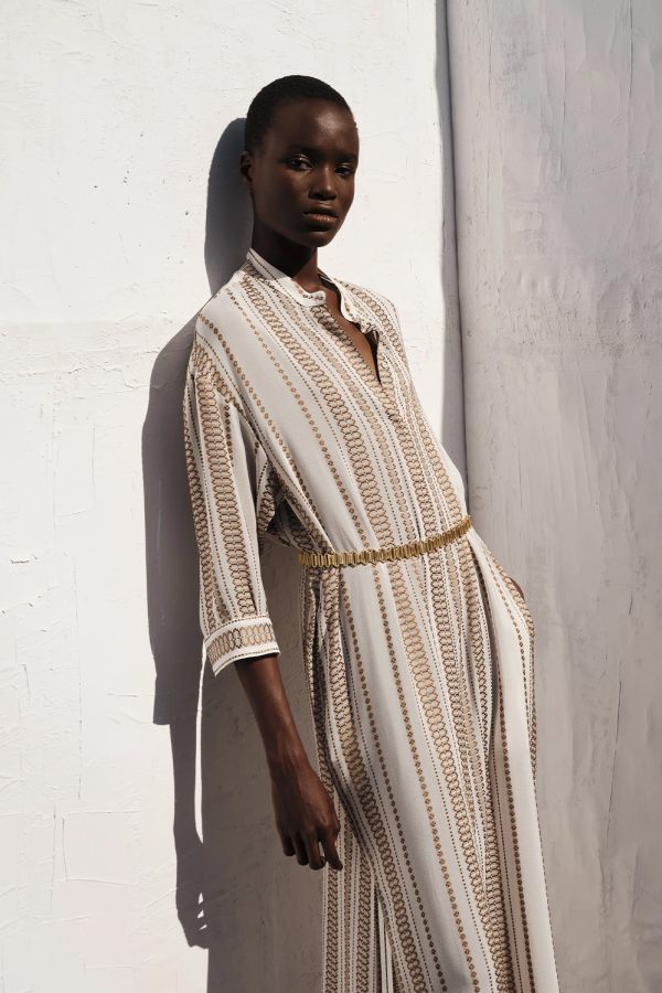 ZEUS+DION Maira Textured Silk Jacquard Shirt Dress Ivory Tan