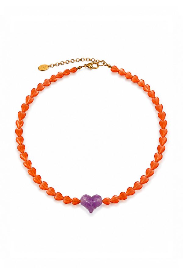 Ifigenia Loukou Necklace Cat Eye Hearts with Amethyst Orange