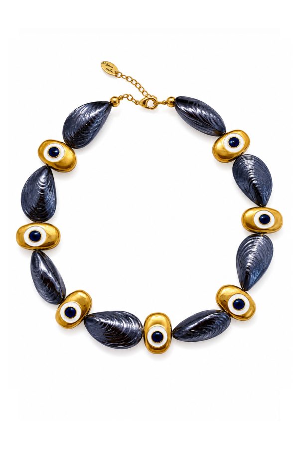 Ifigenia Loukou Necklace Mussel Shell Beads with Seven Evil Eye Accents