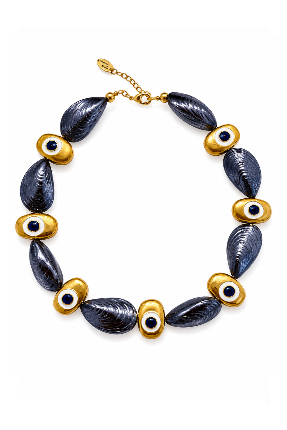 Ifigenia Loukou Necklace Mussel Shell Beads with Seven Evil Eye Accents