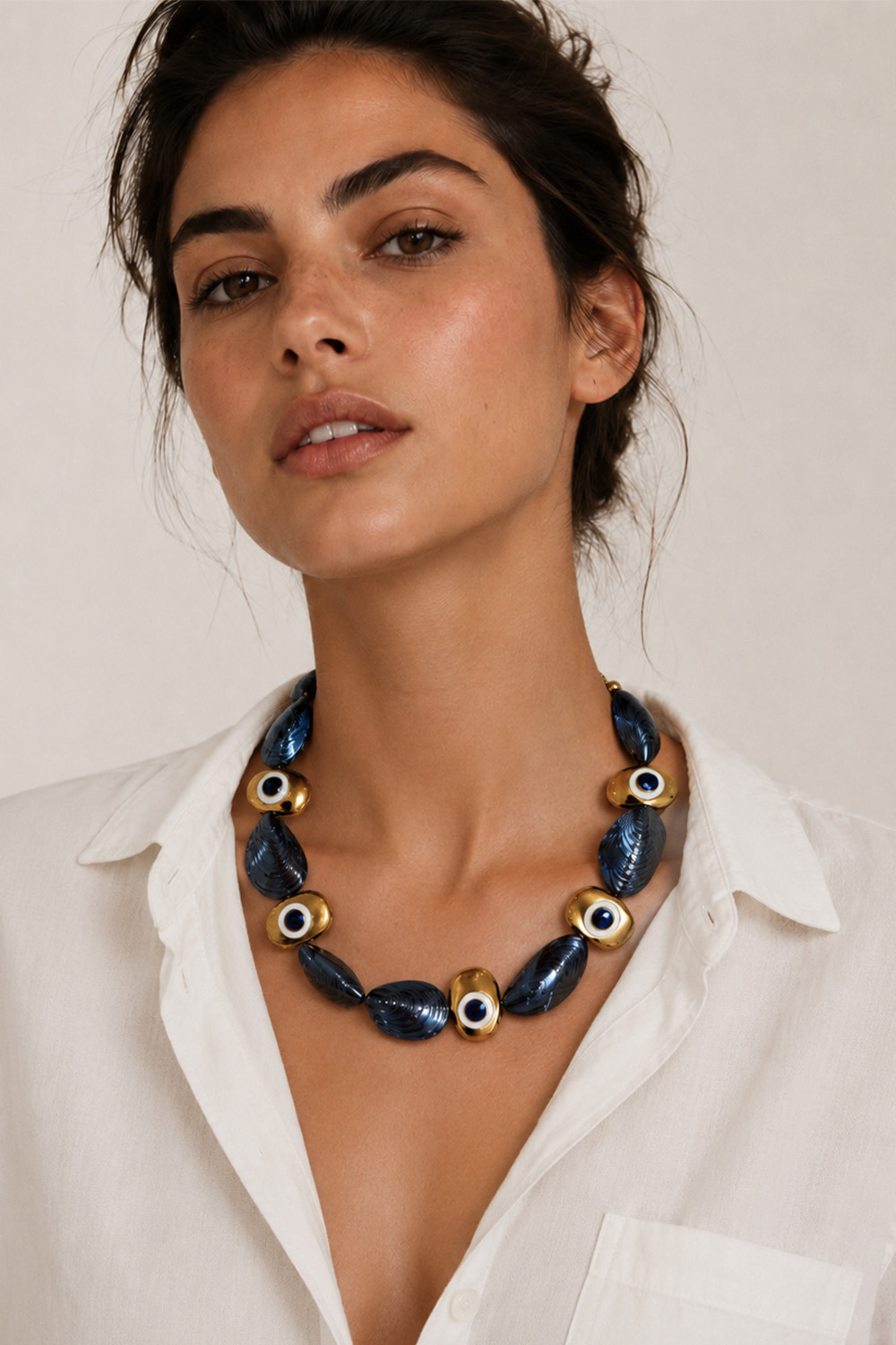 Ifigenia Loukou Necklace Mussel Shell Beads with Seven Evil Eye Accents - Image 2