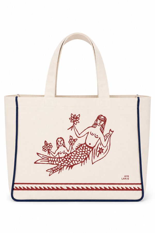 Kyr Lakis Beach Bag With Red Mermaid and Blue Piping