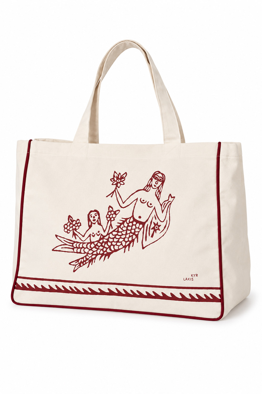 Kyr Lakis Beach Bag With Red Mermaid and Red Piping - Image 2
