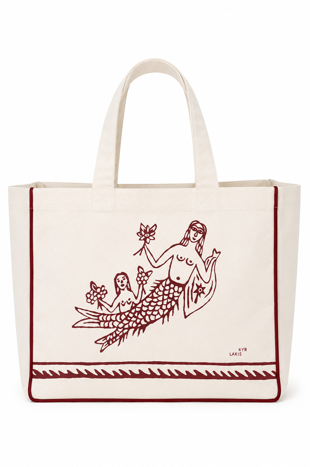 Kyr Lakis Beach Bag With Red Mermaid and Red Piping
