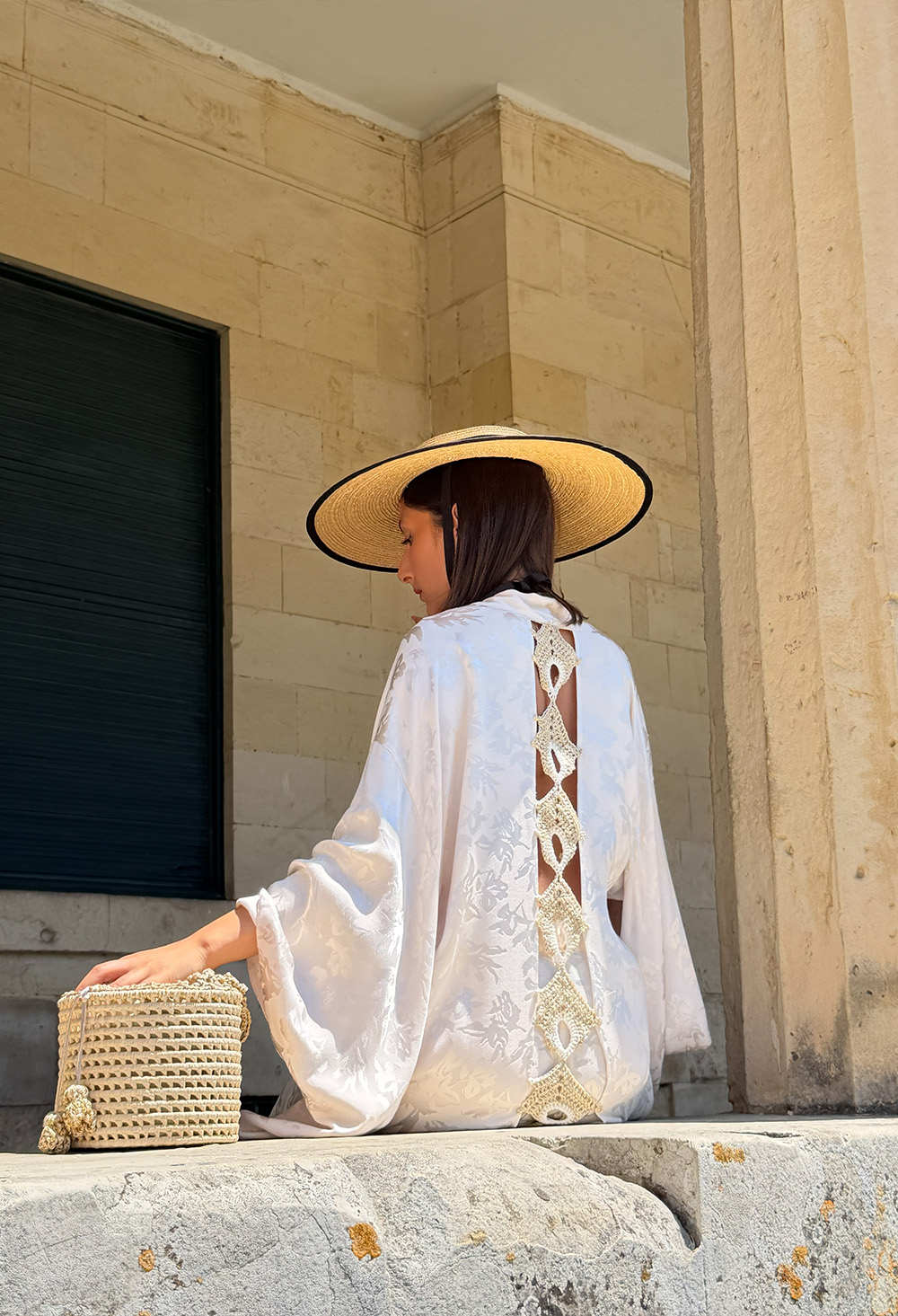 SADH Sneha Kimono Sqare Sleeves Peackcock Crochet Back Detail Off White - Image 3