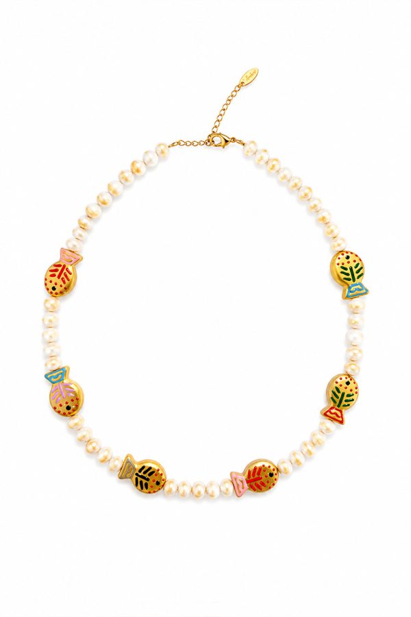 Ifigenia Loukou Beaded Necklace with Pasta Beads & 5 Hand-Painted Fish Charms White