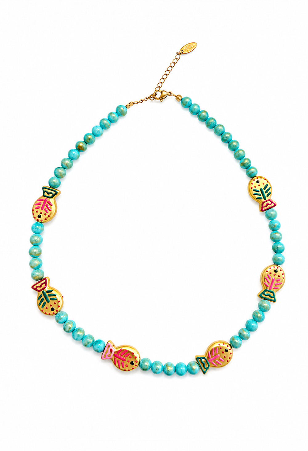 Ifigenia Loukou Beaded Necklace with Pasta Beads & 5 Hand-Painted Fish Charms