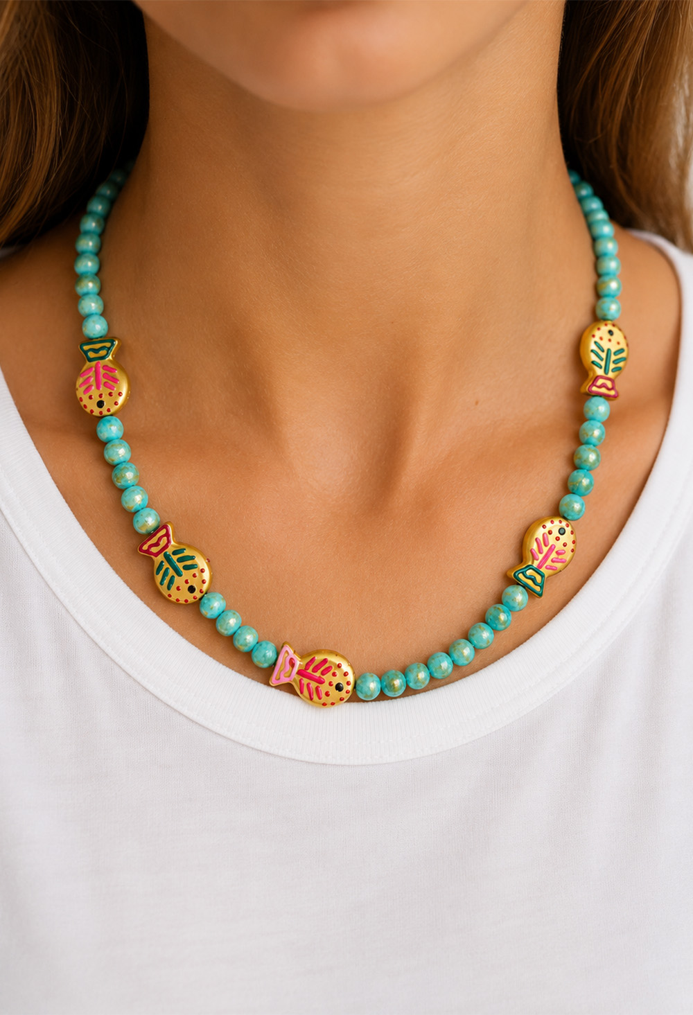 Ifigenia Loukou Beaded Necklace with Pasta Beads & 5 Hand-Painted Fish Charms - Image 2