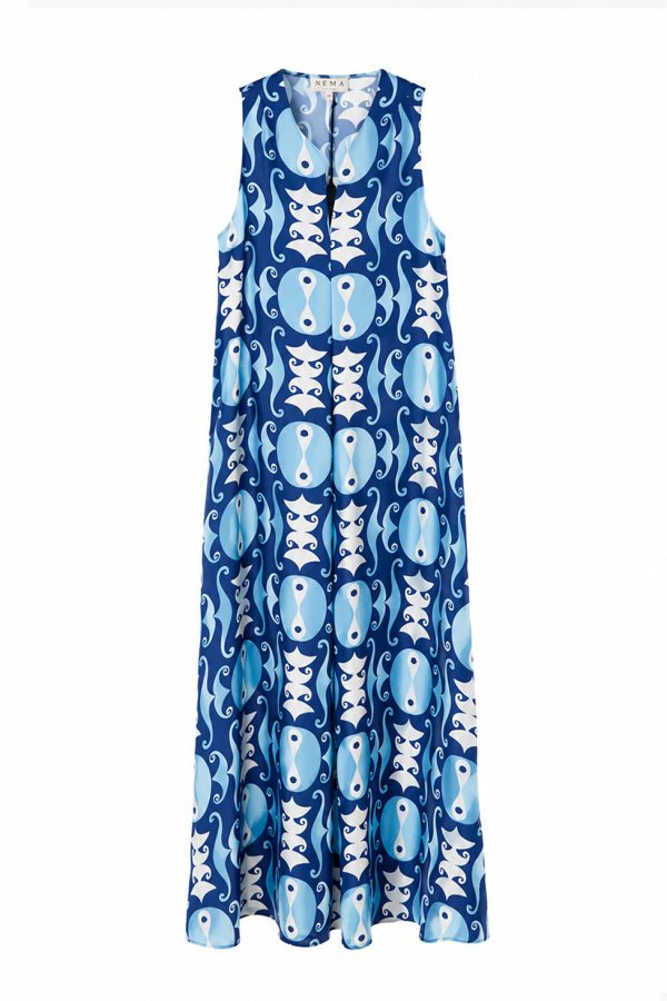 Nema Blue Satin Maxi Dress with Geometric Print