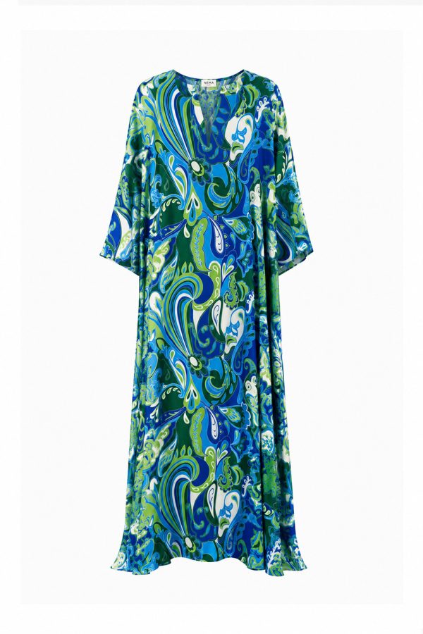 Nema Maxi Dress with Sleeves and Blue Abstract Paisley Print