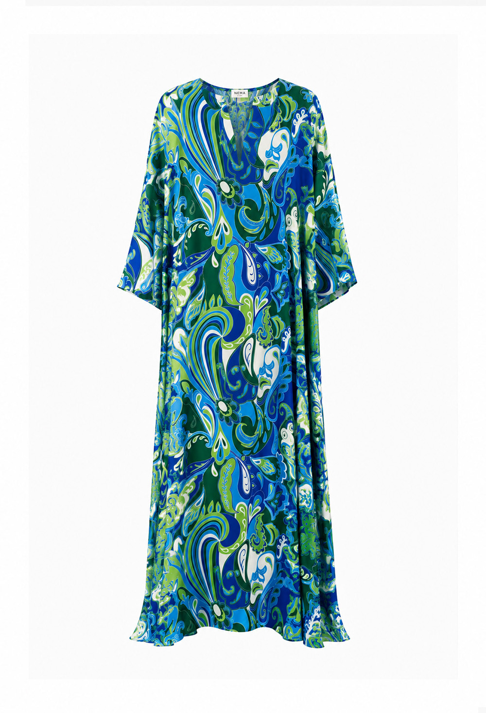 Nema Maxi Dress with Sleeves and Blue Abstract Paisley Print