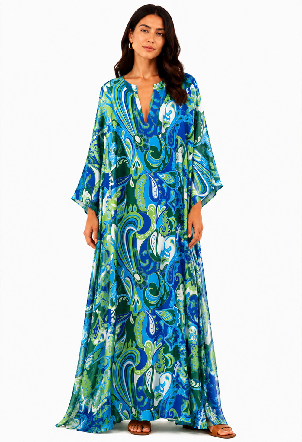 Nema Maxi Dress with Sleeves and Blue Abstract Paisley Print - Image 3