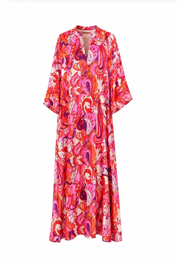 Nema Maxi Dress with Sleeves and Pink Abstract Paisley Print