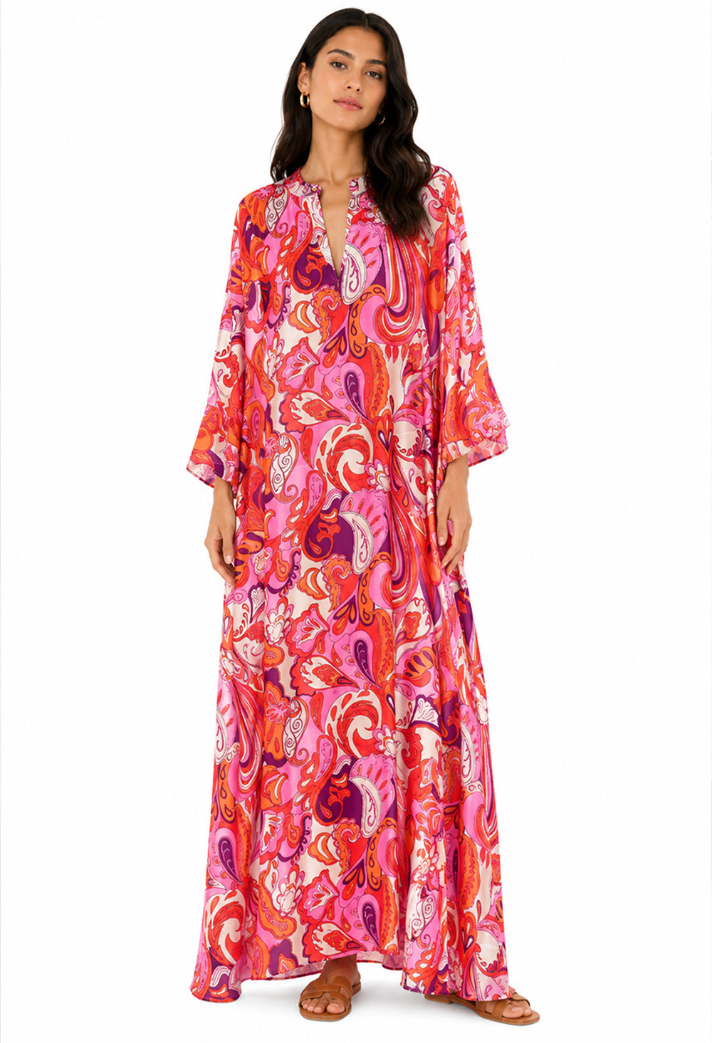 Nema Maxi Dress with Sleeves and Pink Abstract Paisley Print - Image 3