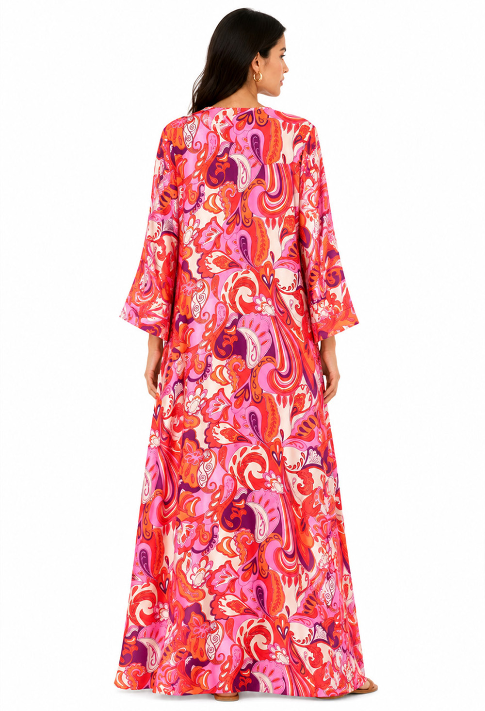 Nema Maxi Dress with Sleeves and Pink Abstract Paisley Print - Image 2