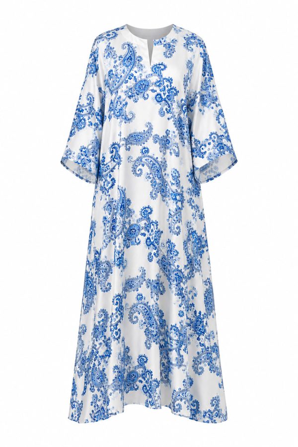Nema Maxi Kaftan with Sleeves with Paisley Print Ciel