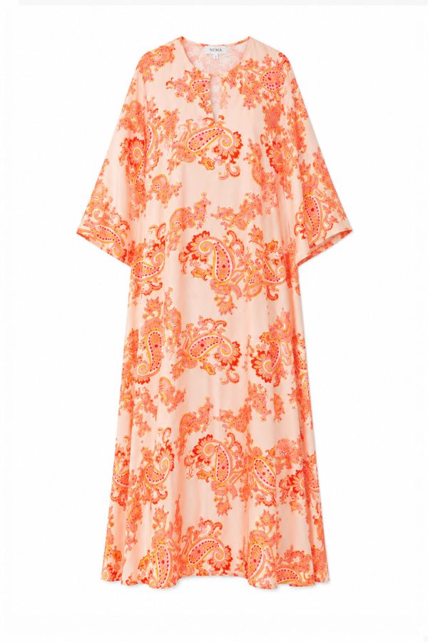Nema Maxi Kaftan with Sleeves with Paisley Print Pink