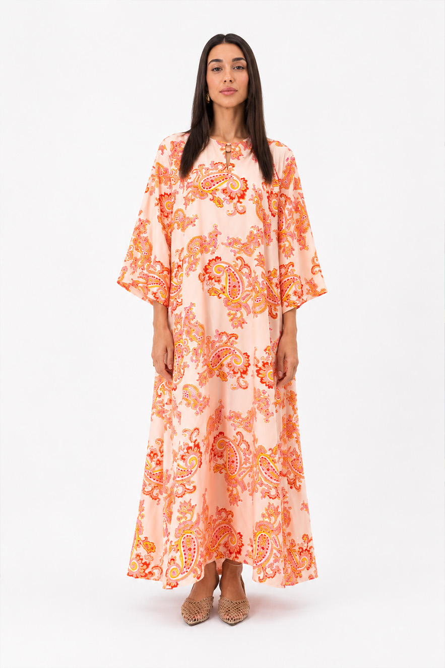 Nema Maxi Kaftan with Sleeves with Paisley Print Pink - Image 3