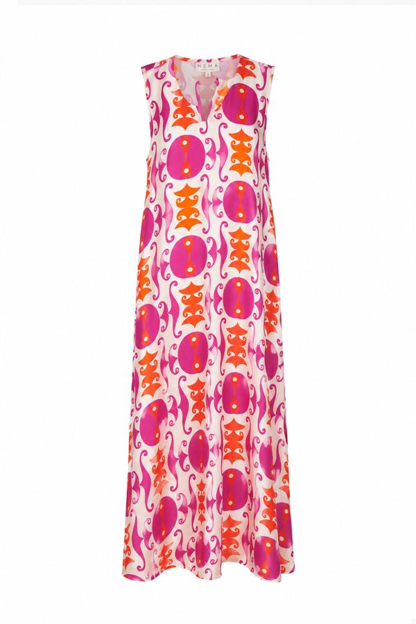 Nema Satin Maxi Dress with Geometric Print Fuchsia