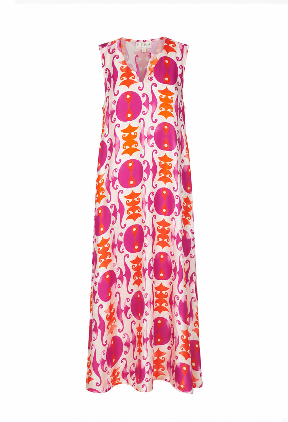 Nema Satin Maxi Dress with Geometric Print Fuchsia