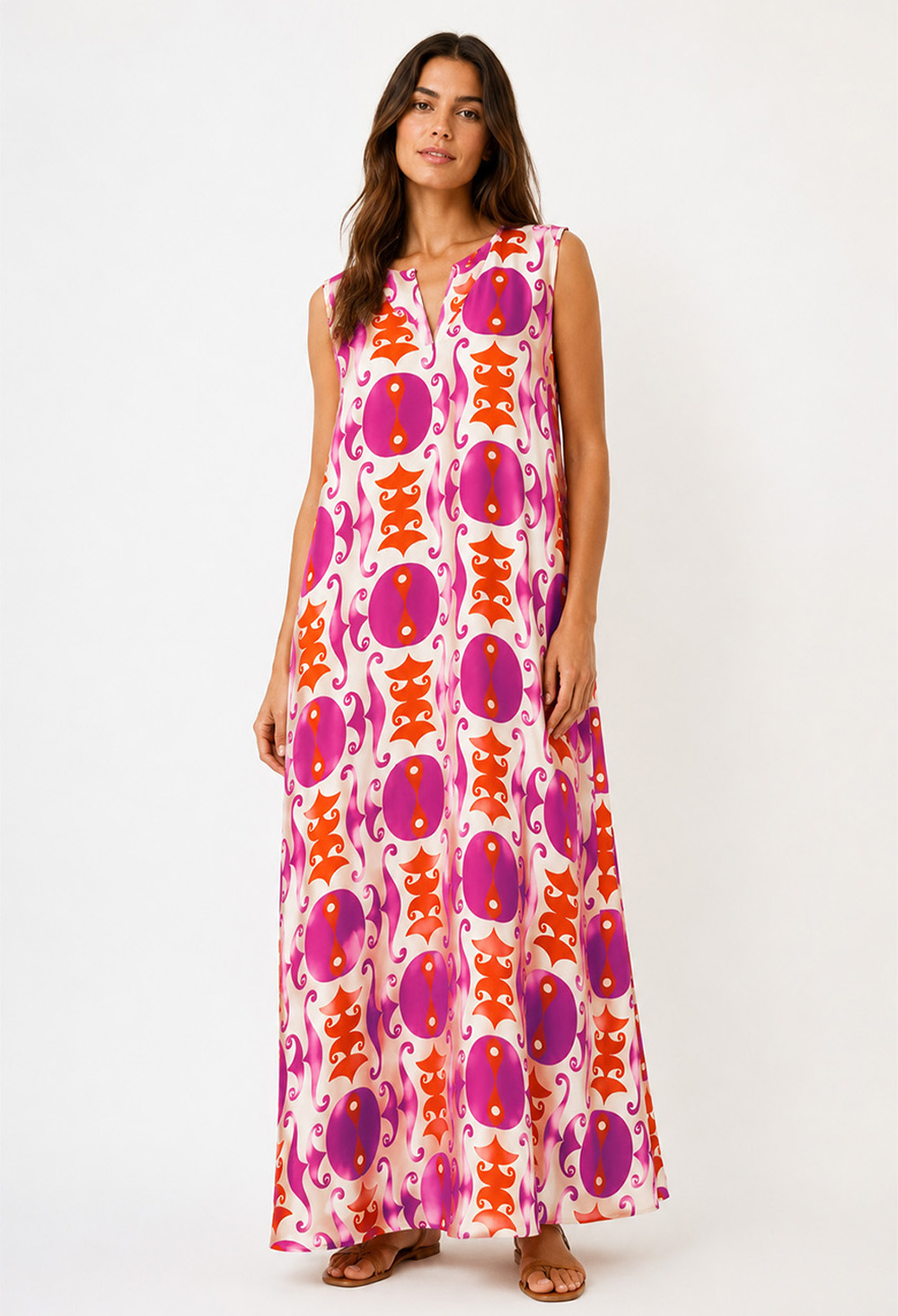 Nema Satin Maxi Dress with Geometric Print Fuchsia - Image 3