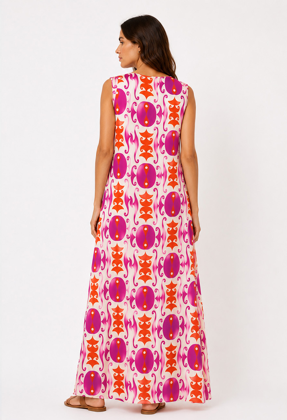Nema Satin Maxi Dress with Geometric Print Fuchsia - Image 4