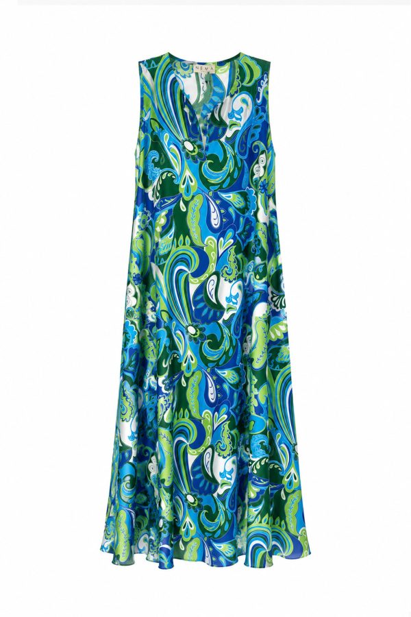 Nema Sleeveless Maxi Dress with Abstract Paisley Print Blue