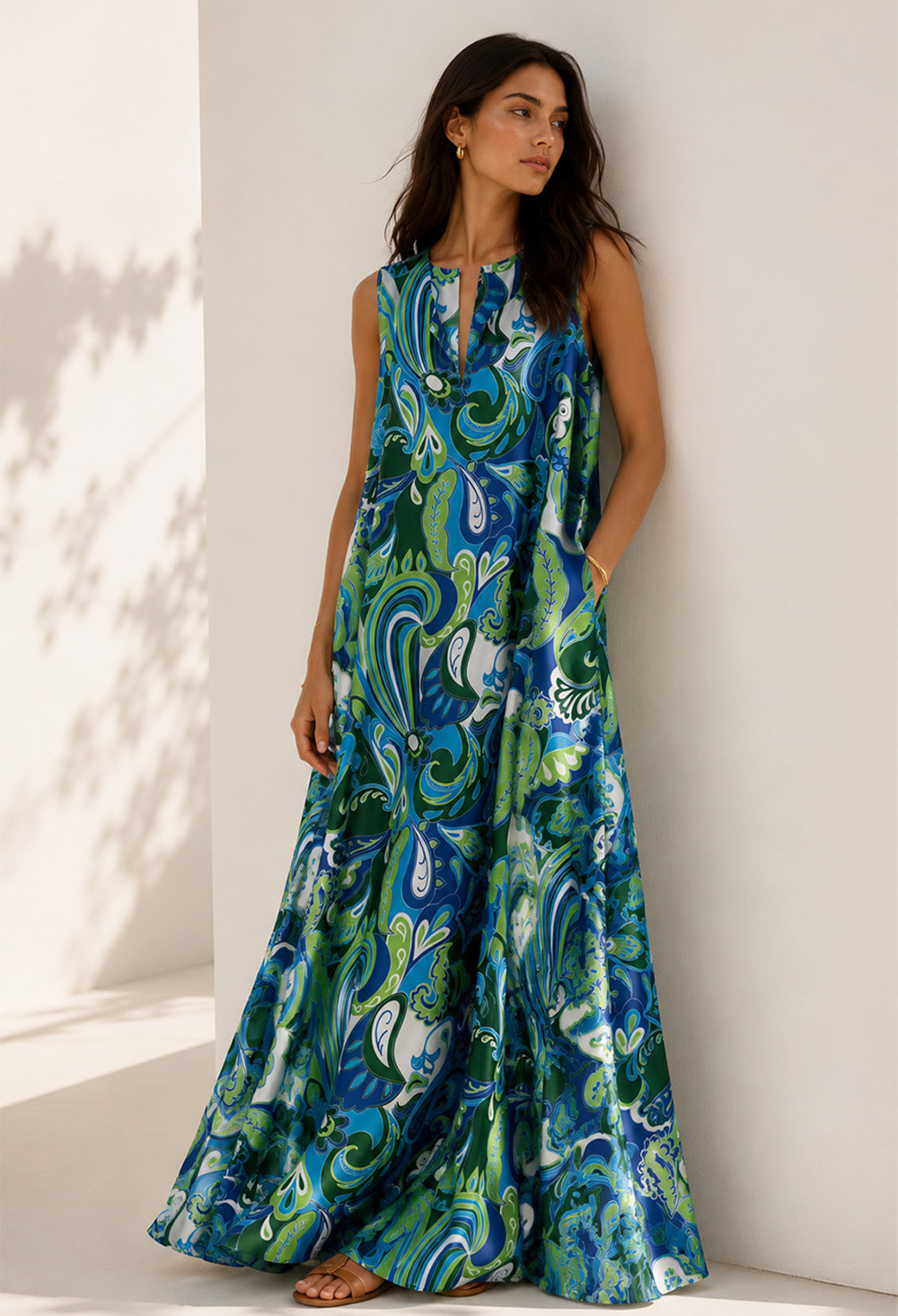 Nema Sleeveless Maxi Dress with Abstract Paisley Print Blue - Image 2