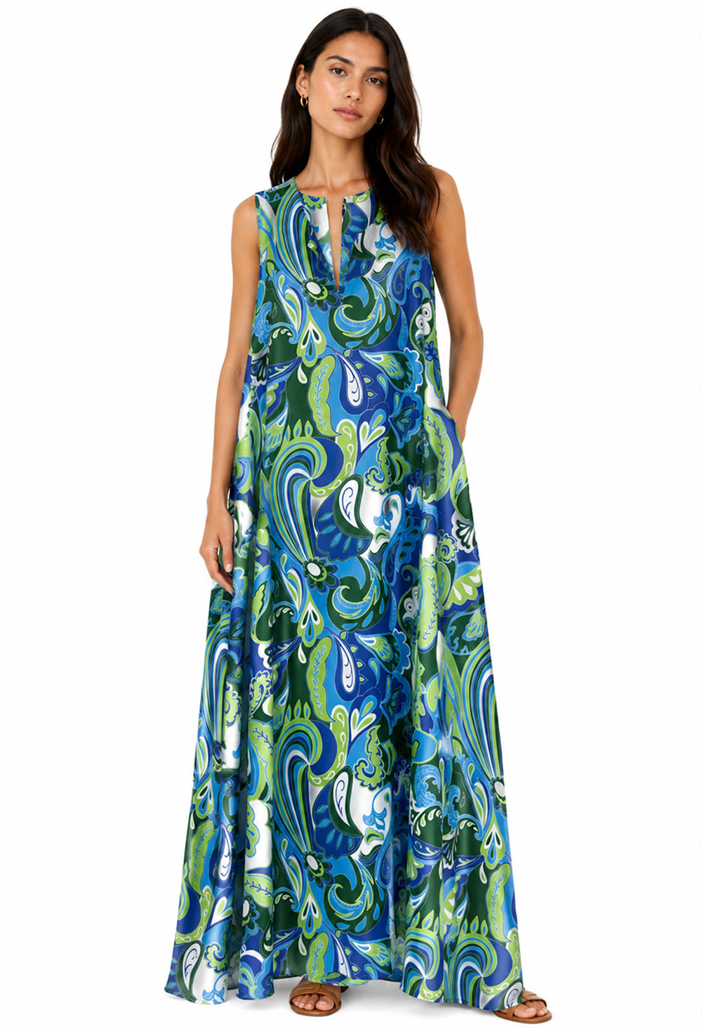 Nema Sleeveless Maxi Dress with Abstract Paisley Print Blue - Image 3