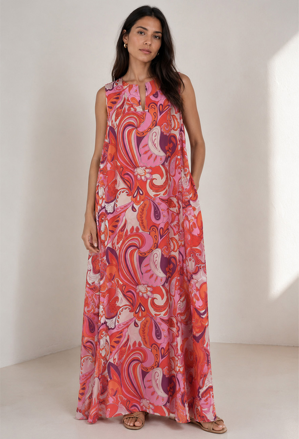 Nema Sleeveless Maxi Dress with Abstract Paisley Print Pink - Image 2