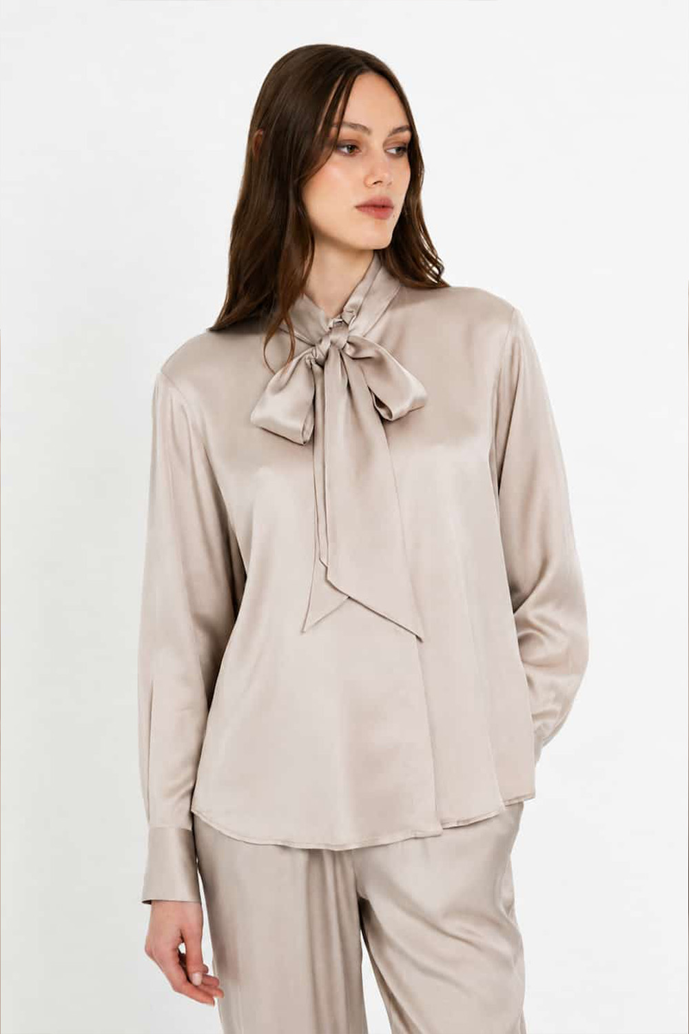 Philosophy Satin EcoVero Tie-Neck Blouse Beige - Image 2