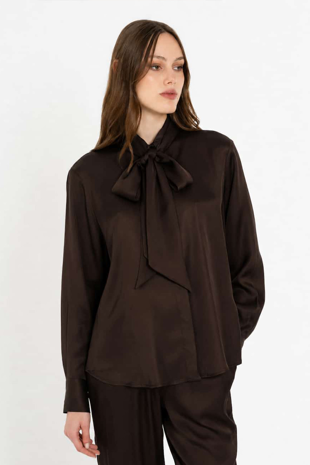 Philosophy Satin EcoVero Tie-Neck Blouse Brown - Image 2