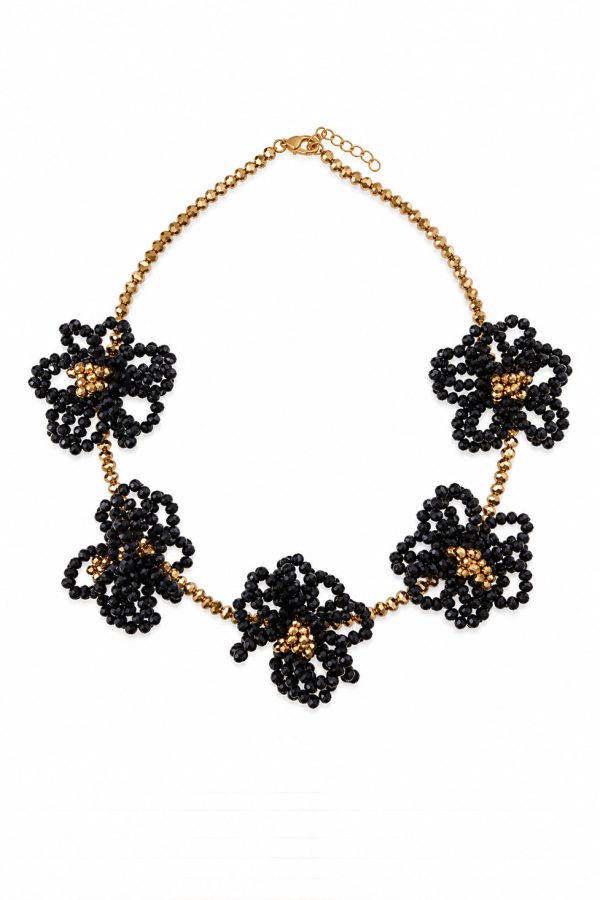 Ifigenia Loukou Black Crystal Flower Necklace Black Gold