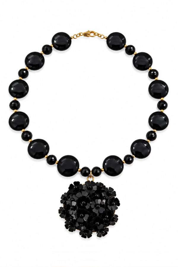 Ifigenia Loukou Black Onyx Short Necklace with Cabochons and Water Lily Charm Black