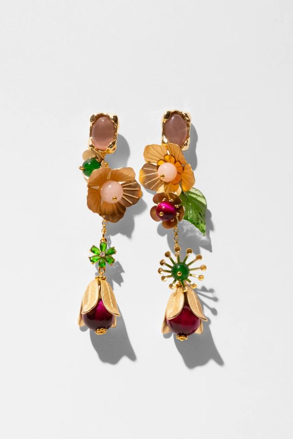 Katerina Psoma Lily Fuchsia Tiger's Eye Green Jade Flower Drop Earrings