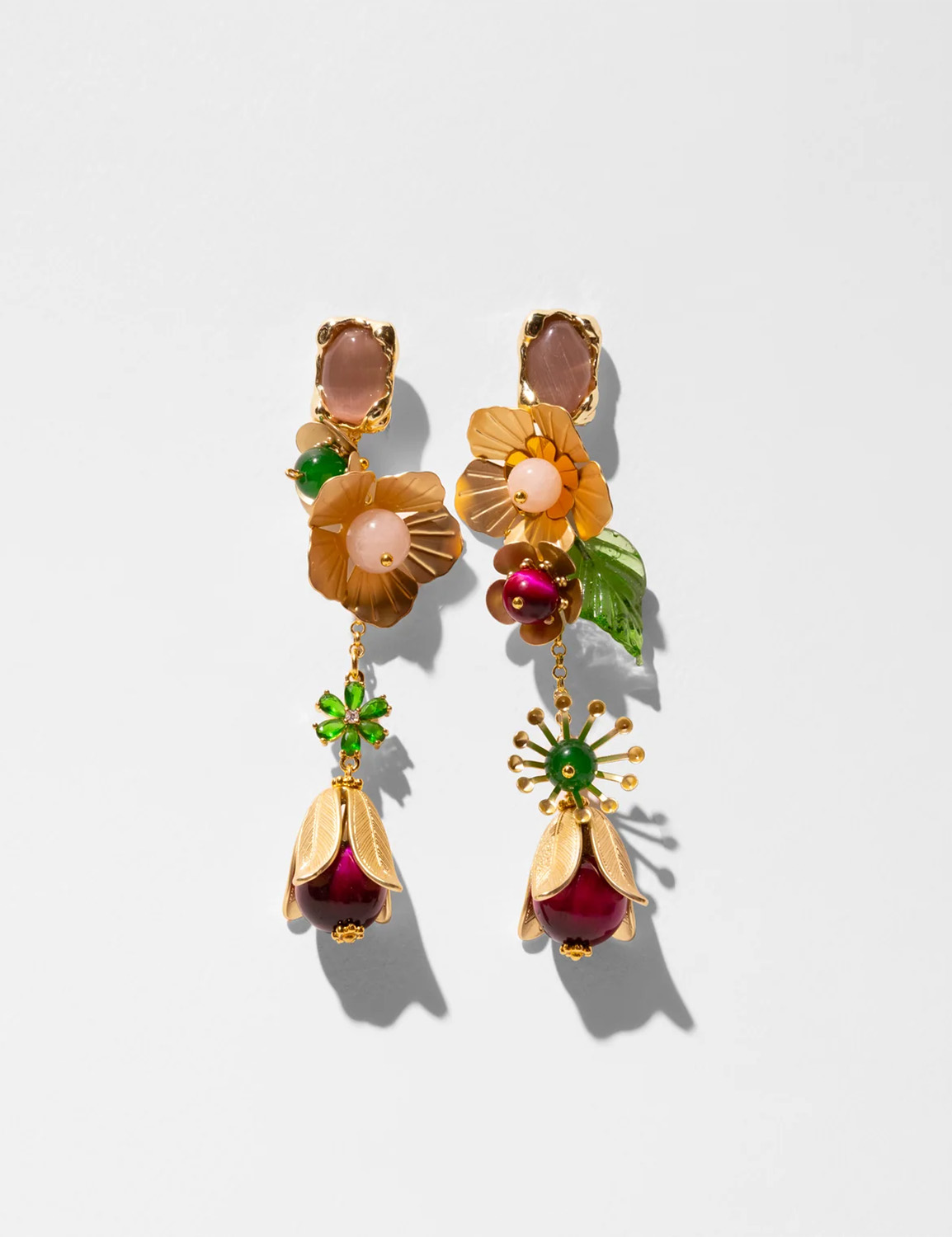 Katerina Psoma Lily Fuchsia Tiger's Eye Green Jade Flower Drop Earrings